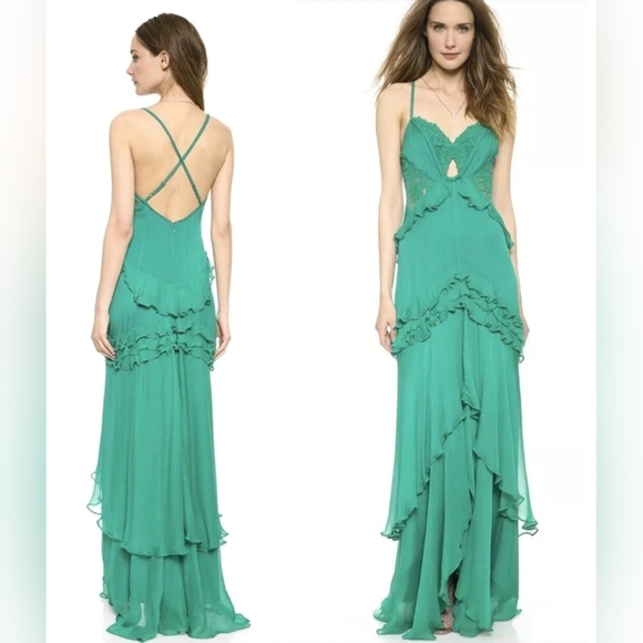 Free People “China Doll Goddess” Green Lace Tiered Maxi Dress Sz 10 Boho Ruffle